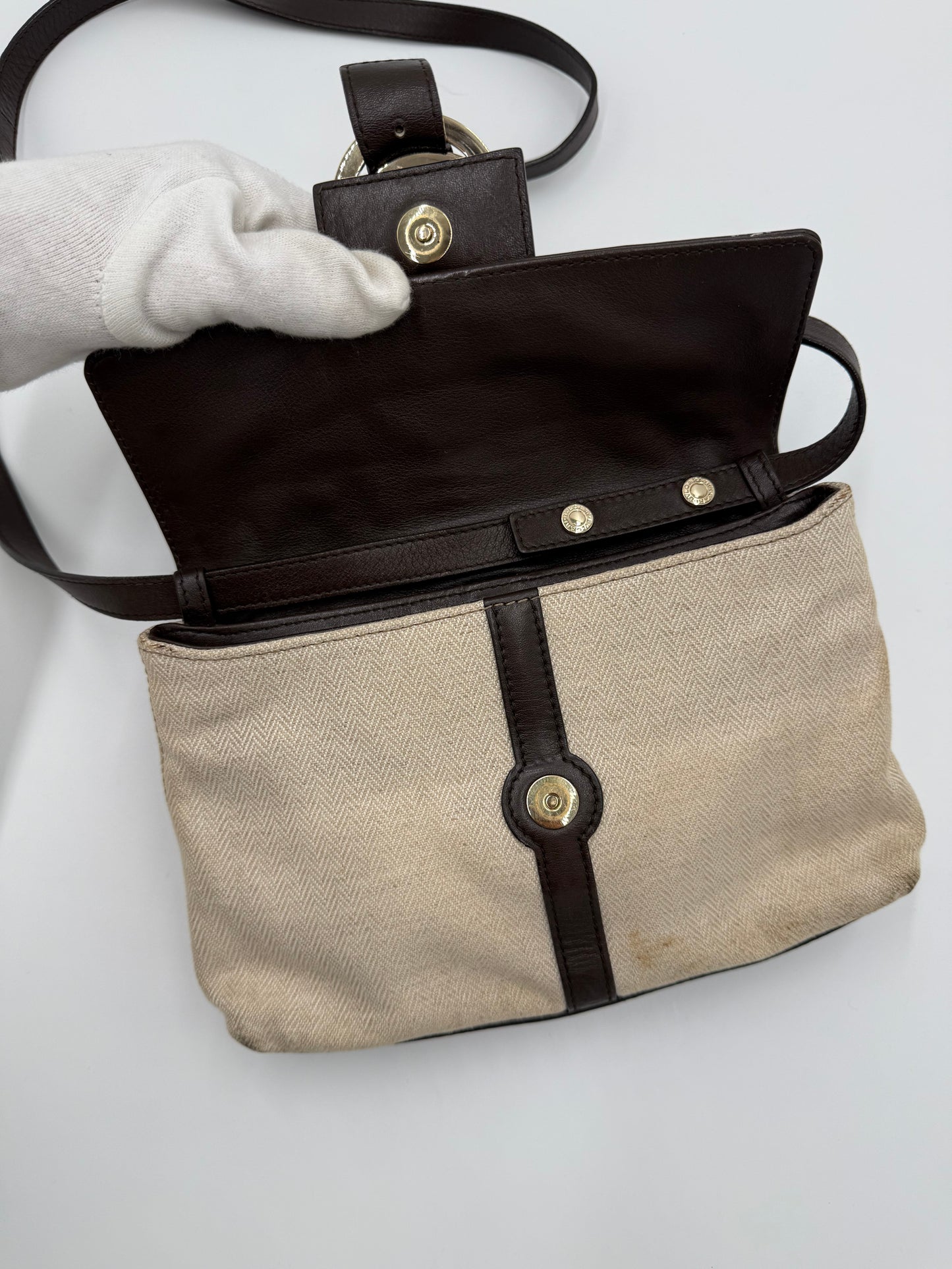 Bulgari Borsa a Spalla in Tela Chevron e Pelle Marrone