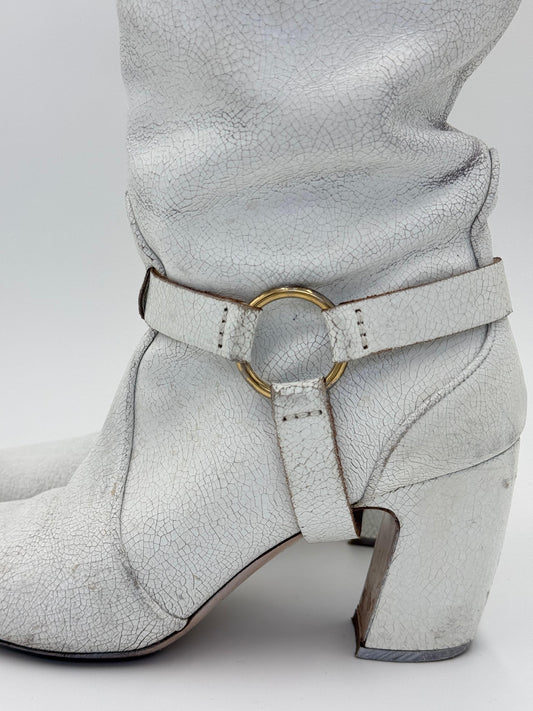 Miu Miu White Crackled Leather Knee-High Boots