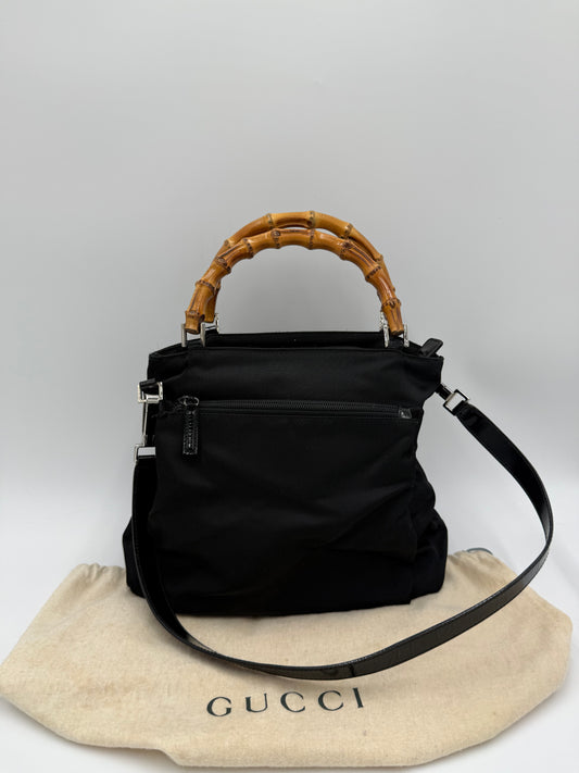 Gucci Borsa a Mano e Tracolla Bamboo in Nylon Nero