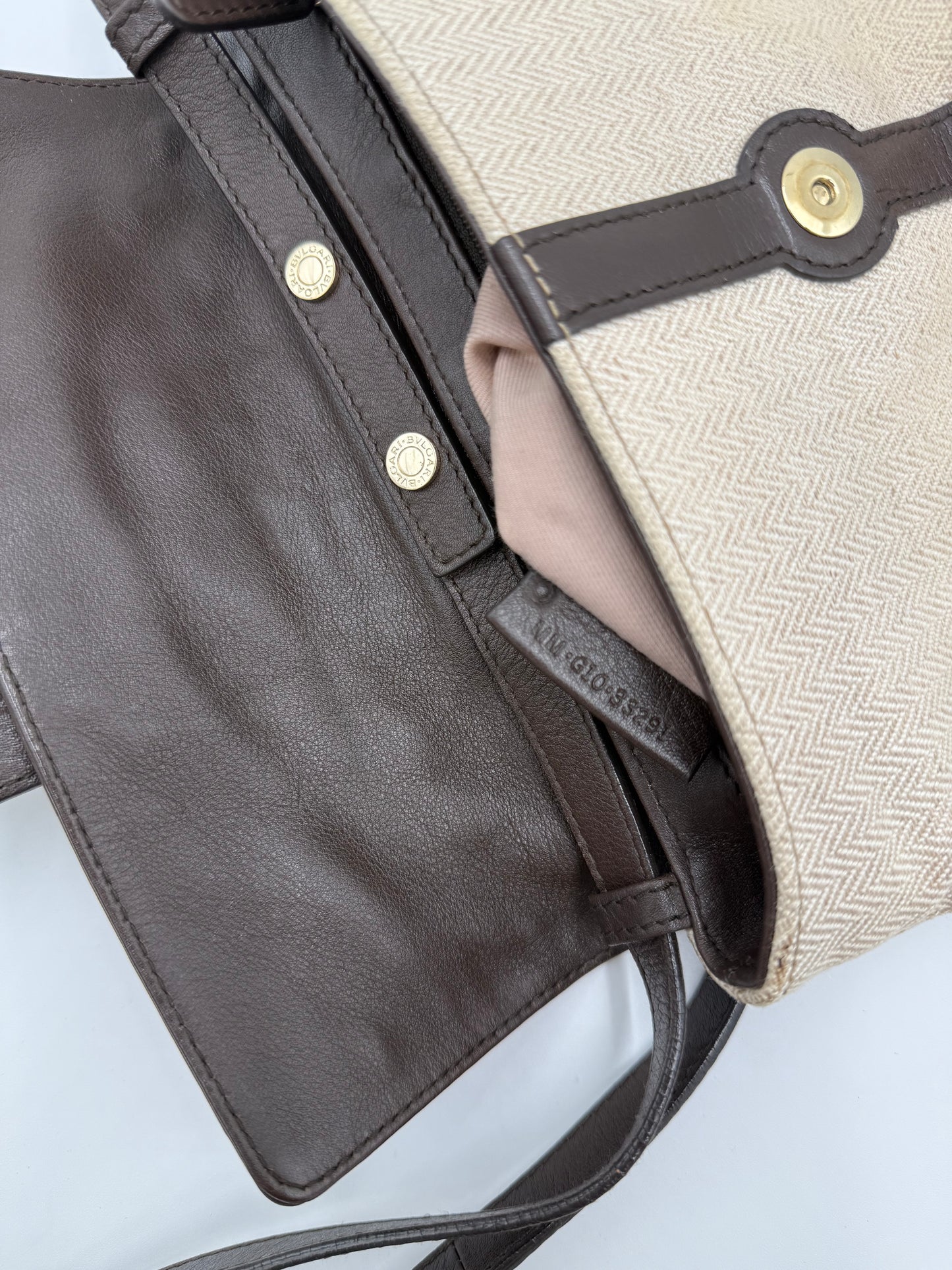 Bulgari Borsa a Spalla in Tela Chevron e Pelle Marrone