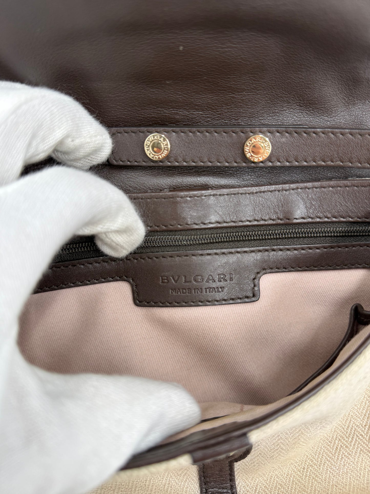 Bulgari Borsa a Spalla in Tela Chevron e Pelle Marrone