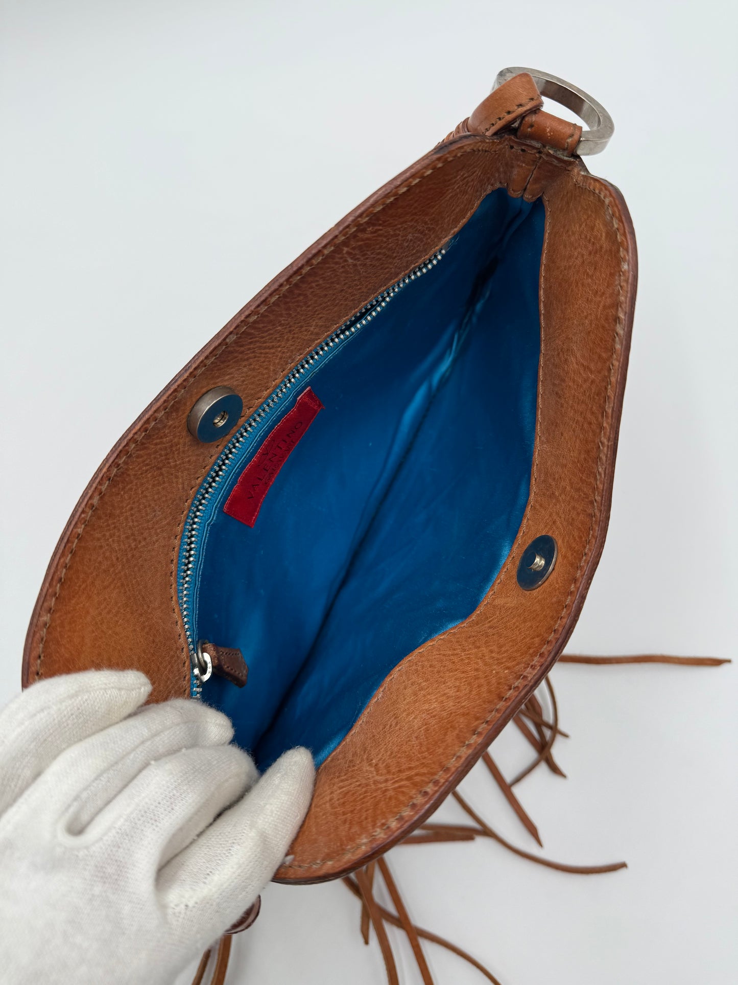 Valentino Garavani Borsa Vintage a Spalla in Pelle con Frange Marrone