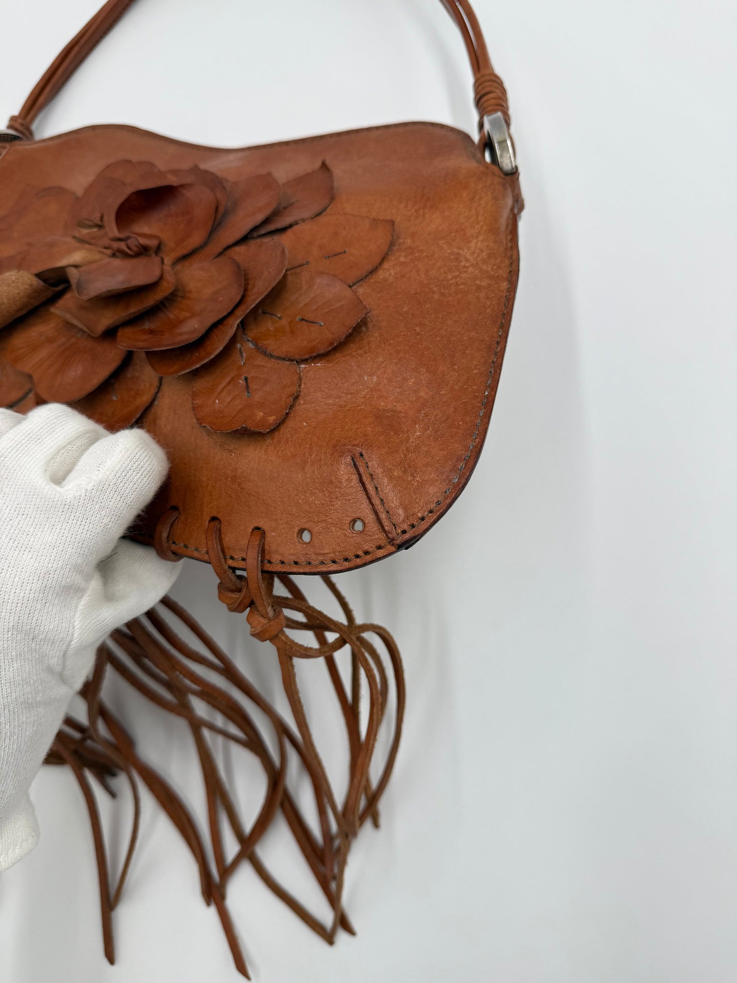 Valentino Garavani Borsa Vintage a Spalla in Pelle con Frange Marrone