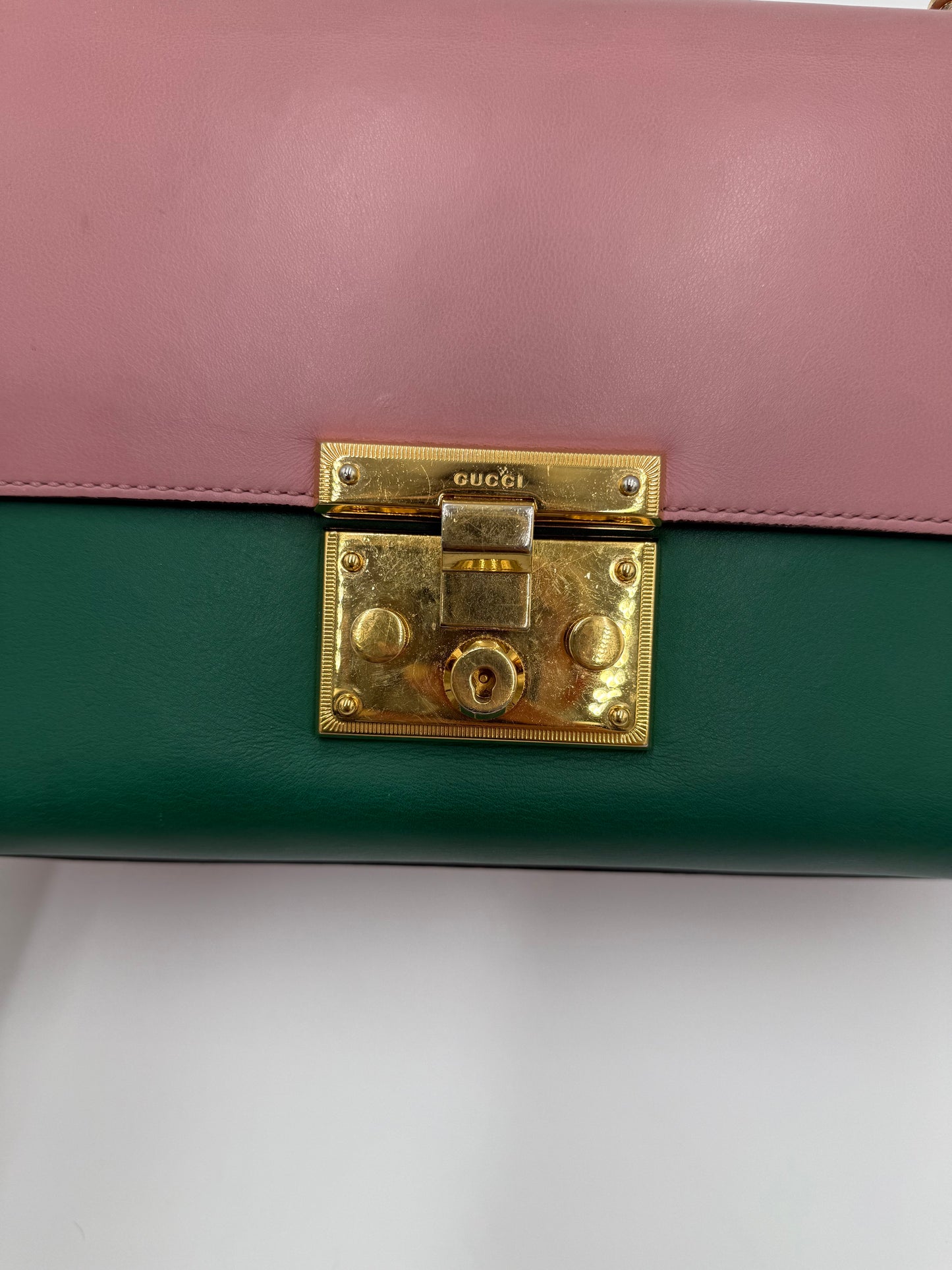Gucci Borsa a Spalla Padlock in Pelle Bicolore Rosa e Verde