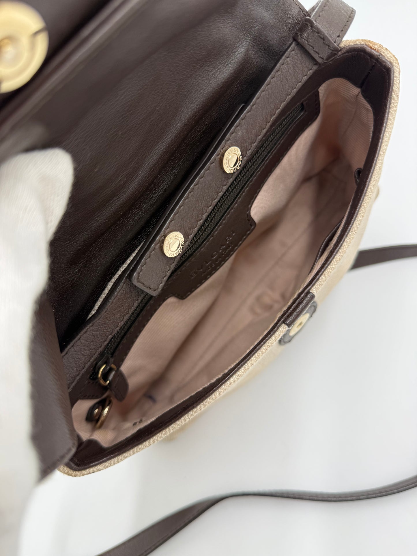 Bulgari Borsa a Spalla in Tela Chevron e Pelle Marrone