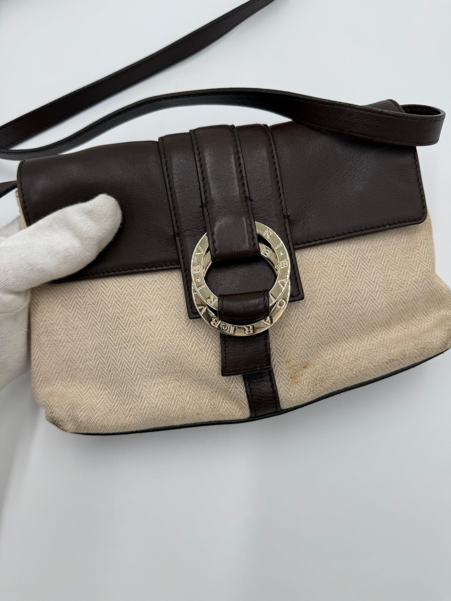 Bulgari Borsa a Spalla in Tela Chevron e Pelle Marrone