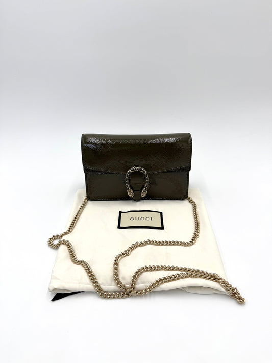 Gucci Dionysus Small Shoulder Bag in Olive Green Patent Leather