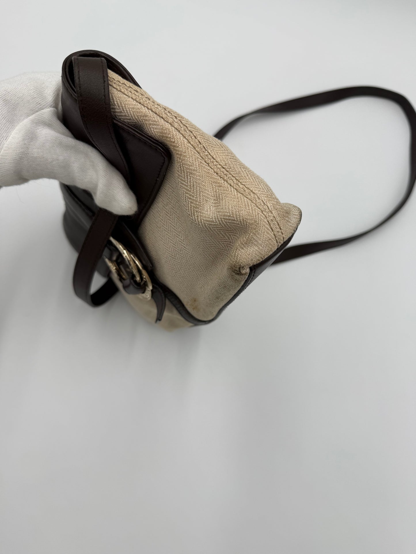 Bulgari Borsa a Spalla in Tela Chevron e Pelle Marrone