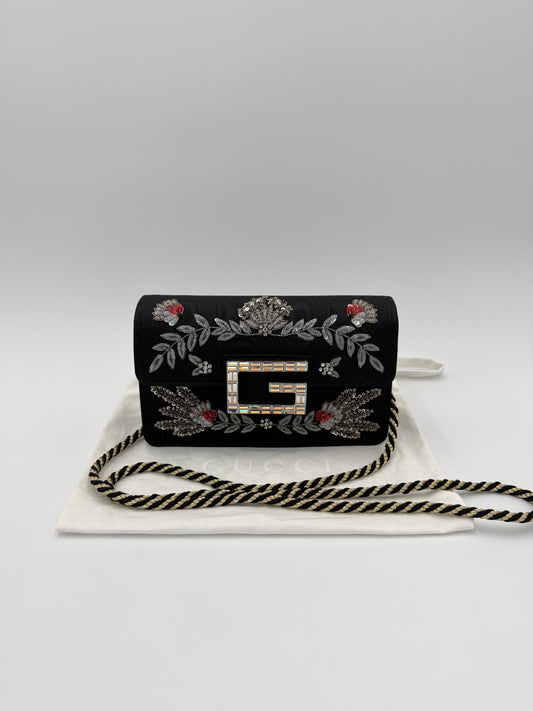 Gucci Borsa a Tracolla Broadway Crystal 'G' in Gros-Grain Ricamato Nero