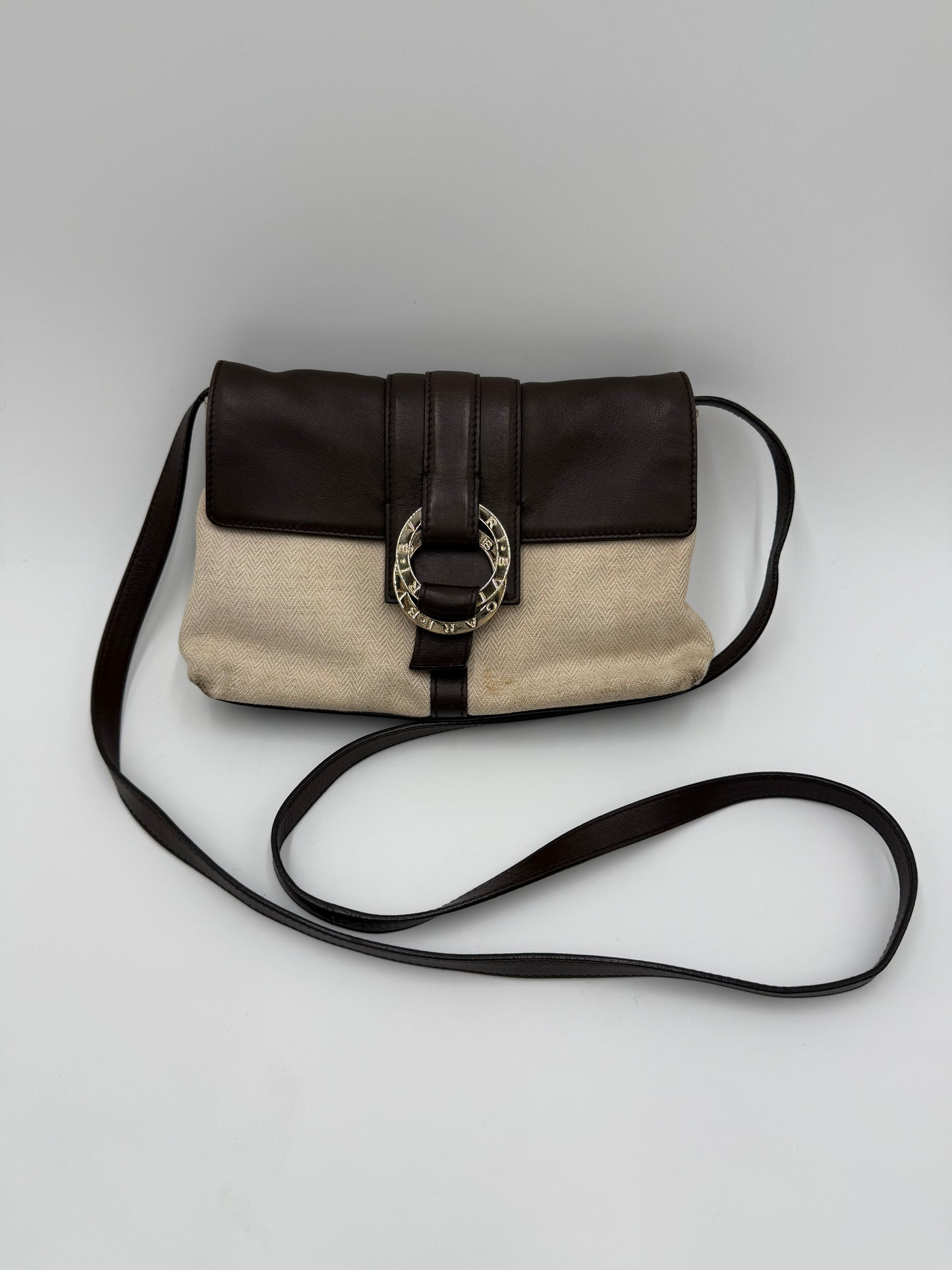 Bulgari Borsa a Spalla in Tela Chevron e Pelle Marrone