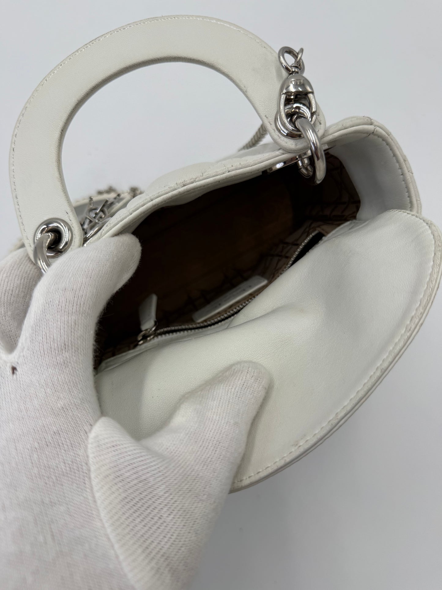 Christian Dior Borsa Lady Dior Mini in Pelle Cannage Bianco