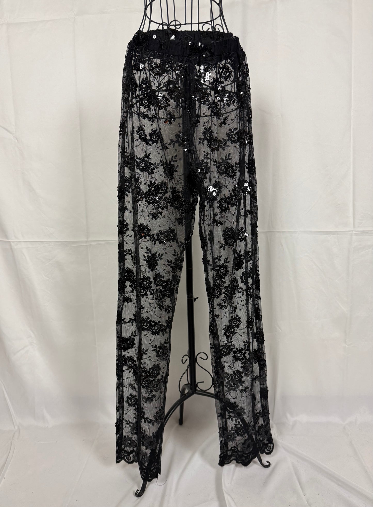 Completo Vintage Vestaglia Lunga e Pantaloni in Pizzo con Paillettes Nero - Pally Vintage Closet