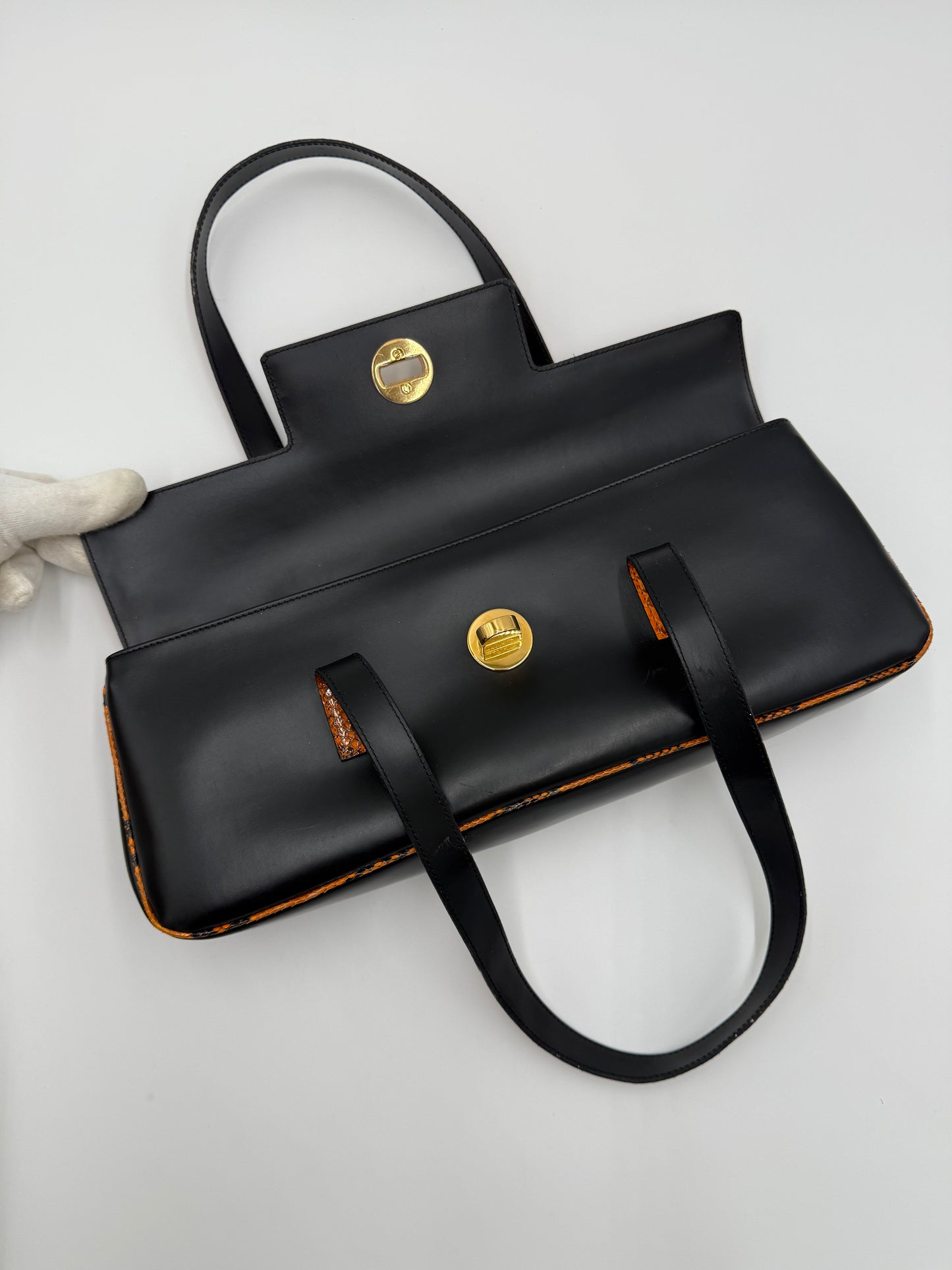 Bulgari Borsa Vintage in Pelle di Serpente Arancione e Pelle Nera