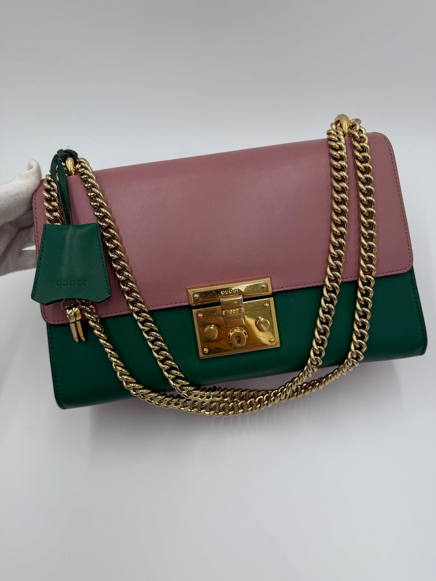 Gucci Borsa a Spalla Padlock in Pelle Bicolore Rosa e Verde