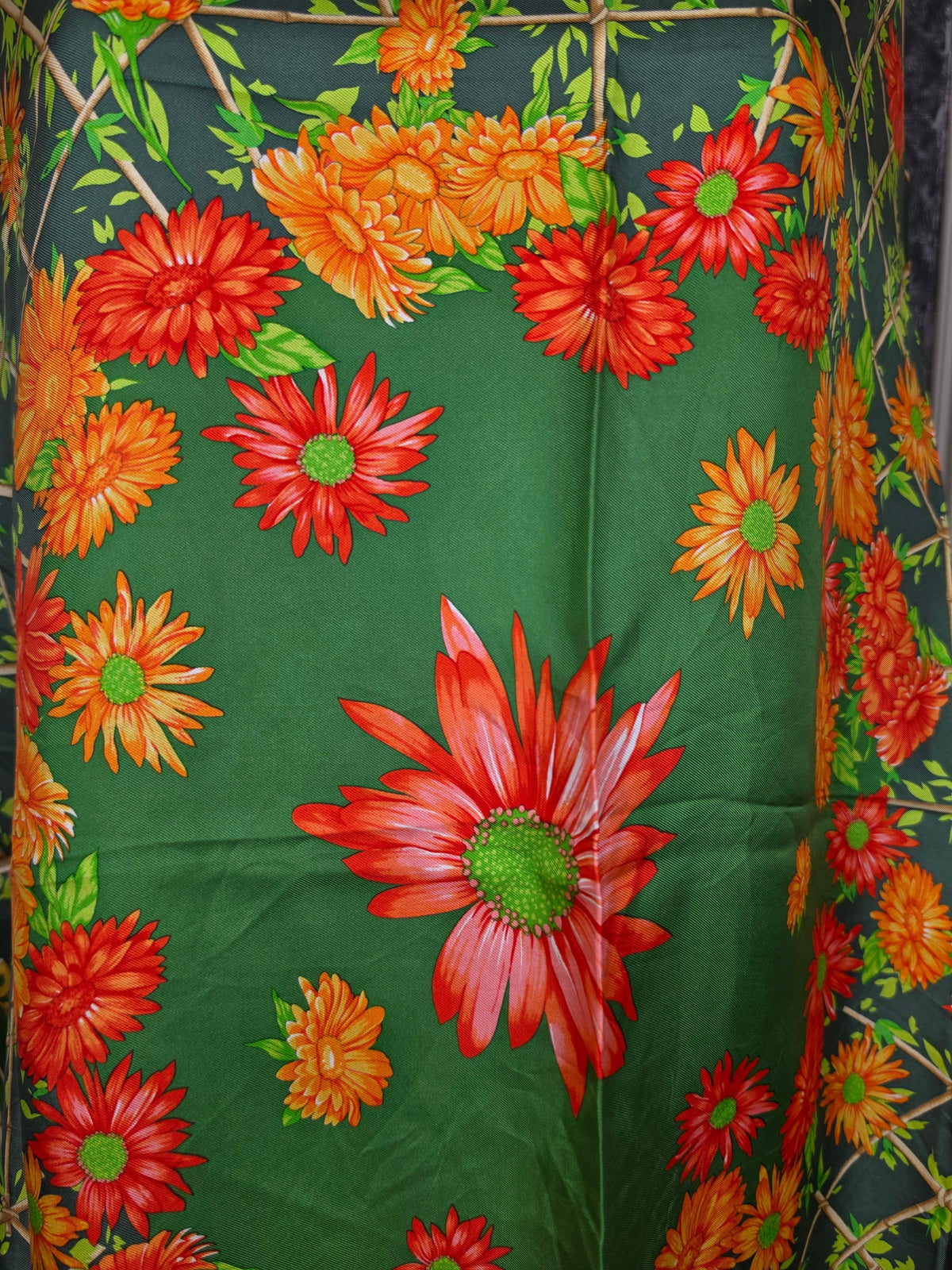 Vintage Céline Scarf with Floral and Chain Print in Green