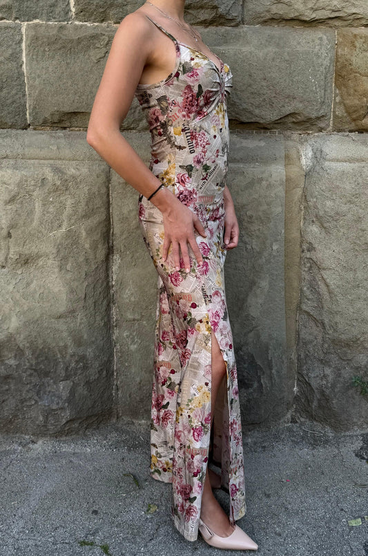 Galliano Abito Lungo Vintage Stampa Gazette con Fiori Rosa - Pally Vintage Closet