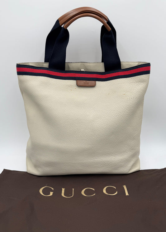 Gucci Borsa Tote Vintage in Pelle Avorio con Dettagli Web
