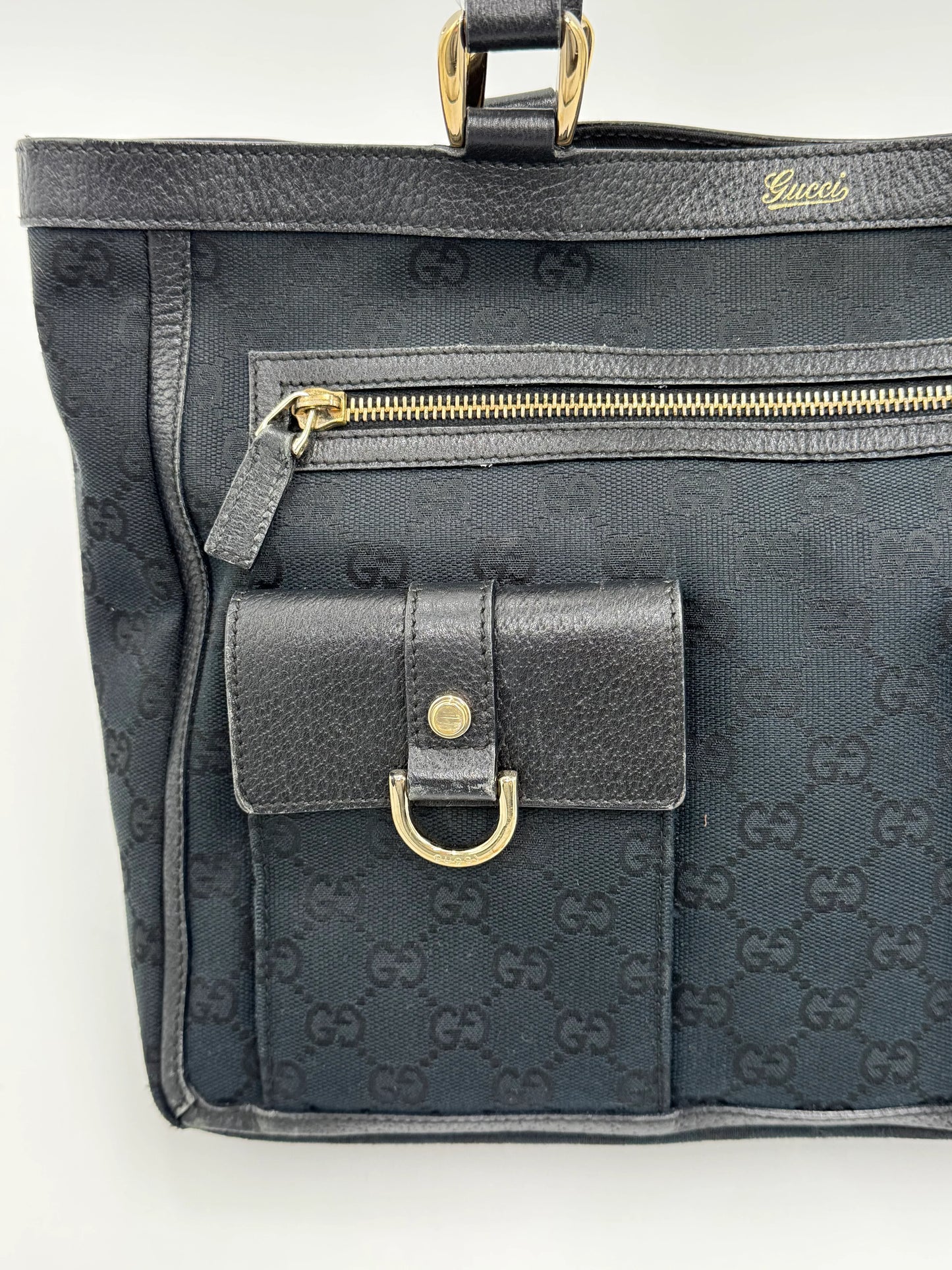 Gucci-Borsa-Tote-Vintage-in-Tela-GG-Monogram-e-Pelle-Nera-69515580703044 - Pally Vintage Closet