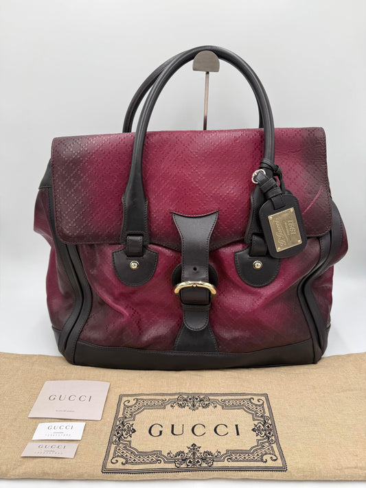 Gucci Firenze 1921 Travel Duffle Bag in Bordeaux Jacquard Canvas and Dark Brown Leather