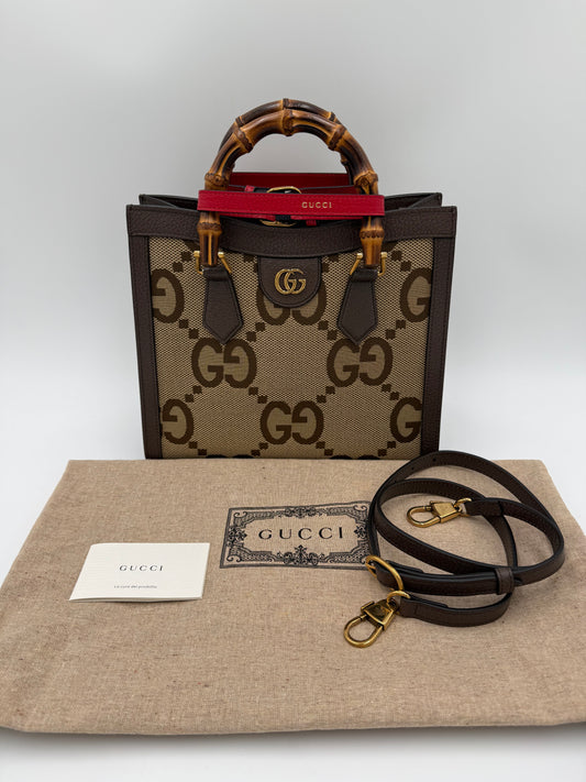 Gucci Diana Media Tote in Tessuto Jumbo GG e Bamboo Marrone - Pally Vintage Closet