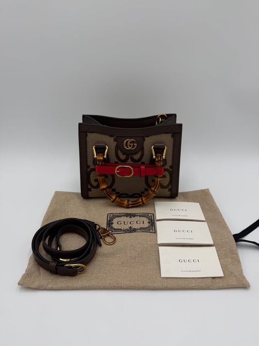 Gucci Diana Mini Tote in Tessuto Jumbo GG e Bamboo Marrone - Pally Vintage Closet