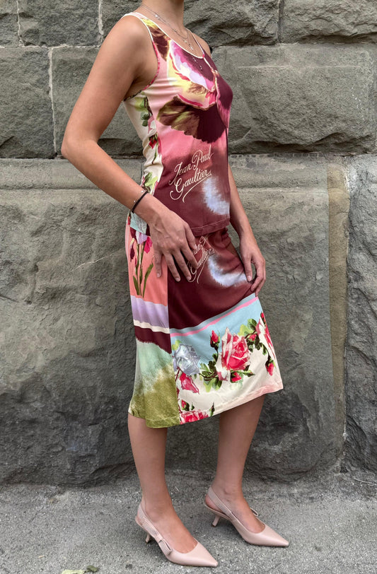 Jean Paul Gaultier Completo Vintage Canotta e Gonna con Stampa Floreale Rosa - Pally Vintage Closet