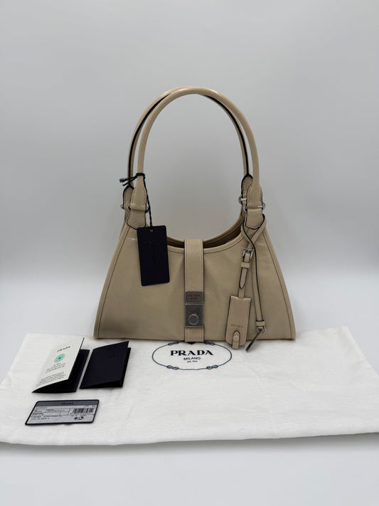 Prada Borsa Tote a Spalla in Pelle Soft Lux Media Travertino - Pally Vintage Closet