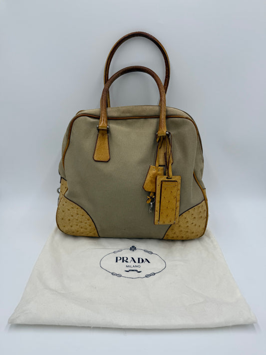 Prada Borsa Vintage in Tela e Pelle di Struzzo Beige - Pally Vintage Closet