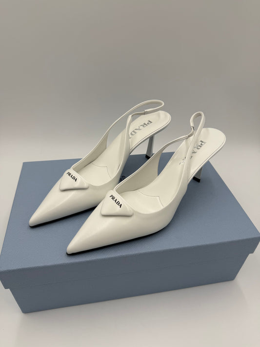 Prada Décolleté Slingback in Pelle con Logo Triangolo Bianco - Pally Vintage Closet