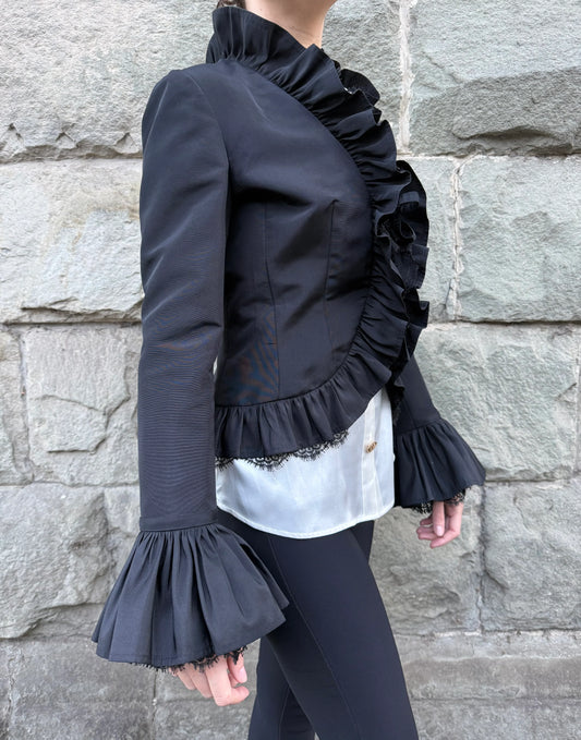 Roberto-Cavalli-Giacca-Vintage-Seta-e-Pizzo-con-Dettaglio-Ruffle-Nera-69082504757572 - Pally Vintage Closet