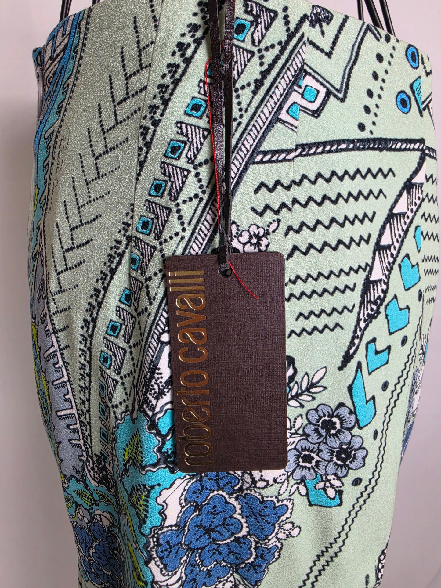 Roberto Cavalli Gonna a Tubino Motivo Geometrico e Floreale Celeste - Pally Vintage Closet