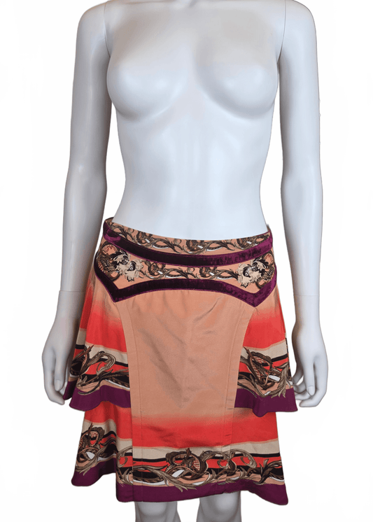 Roberto Cavalli Minigonna Vintage con Stampa Barocca e Dettagli in Velluto Rosa - Pally Vintage Closet