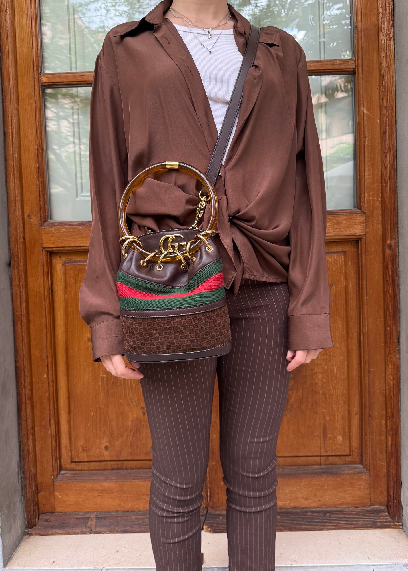 Gucci Borsa a Secchiello Pelle e Camoscio Marrone