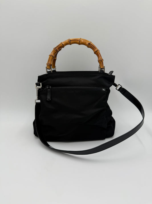 Gucci Borsa a Mano e Tracolla Bamboo in Nylon Nero