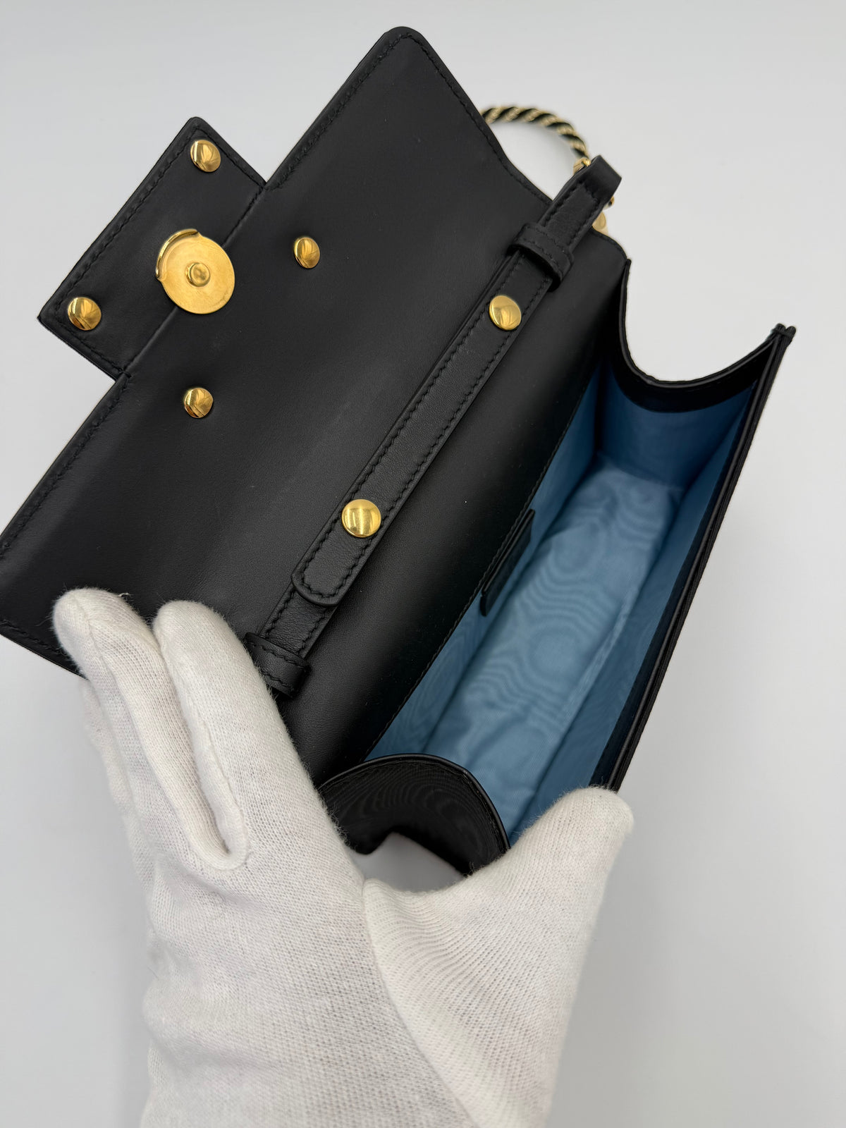 Gucci Borsa a Tracolla Broadway Crystal 'G' in Gros-Grain Ricamato Nero