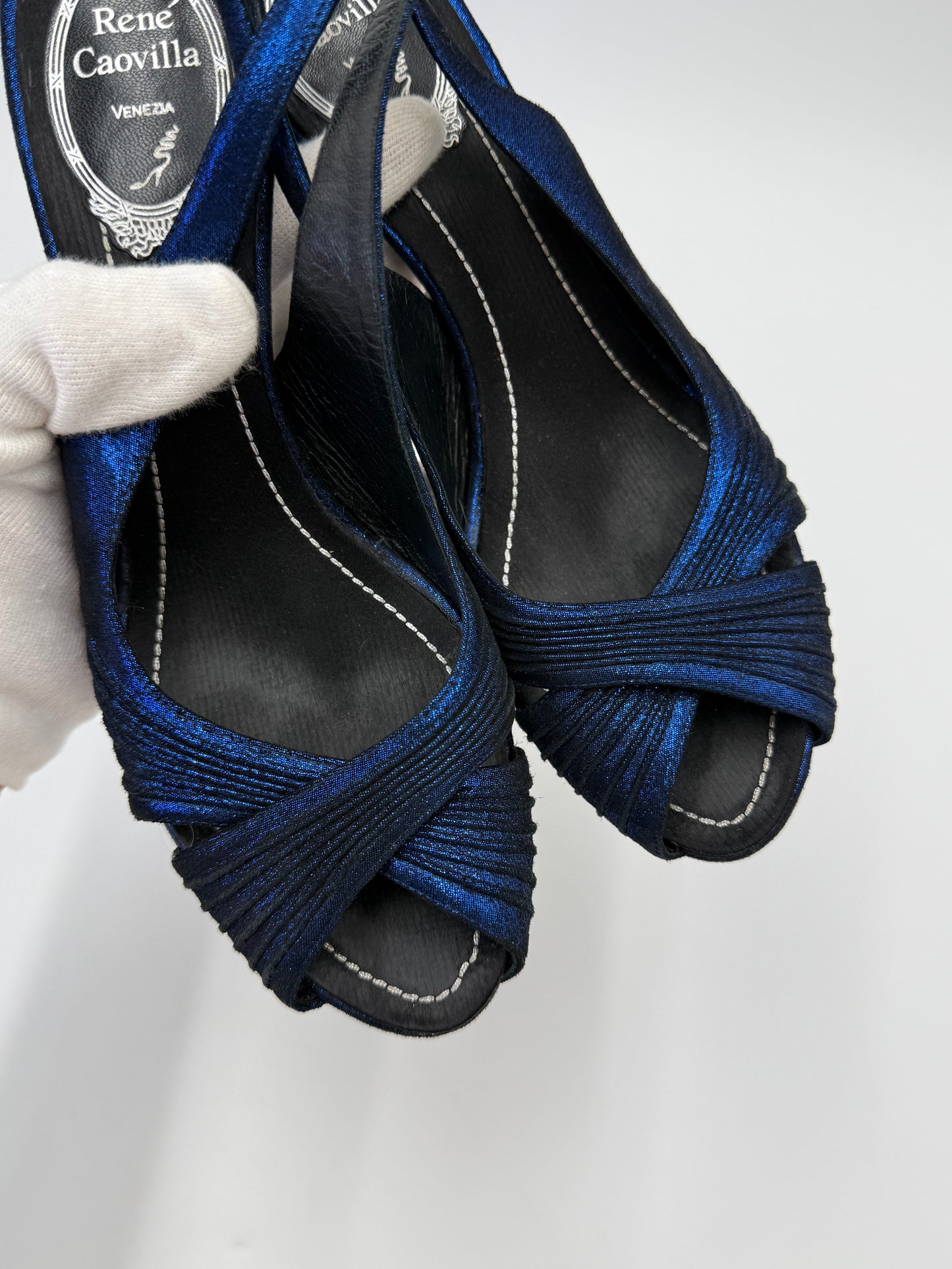 René Caovilla Sandali Slingback Vintage in Lurex Blu Elettrico