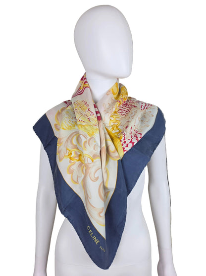 Celine Foulard Vintage con Catene Dorate e Bordo Blu