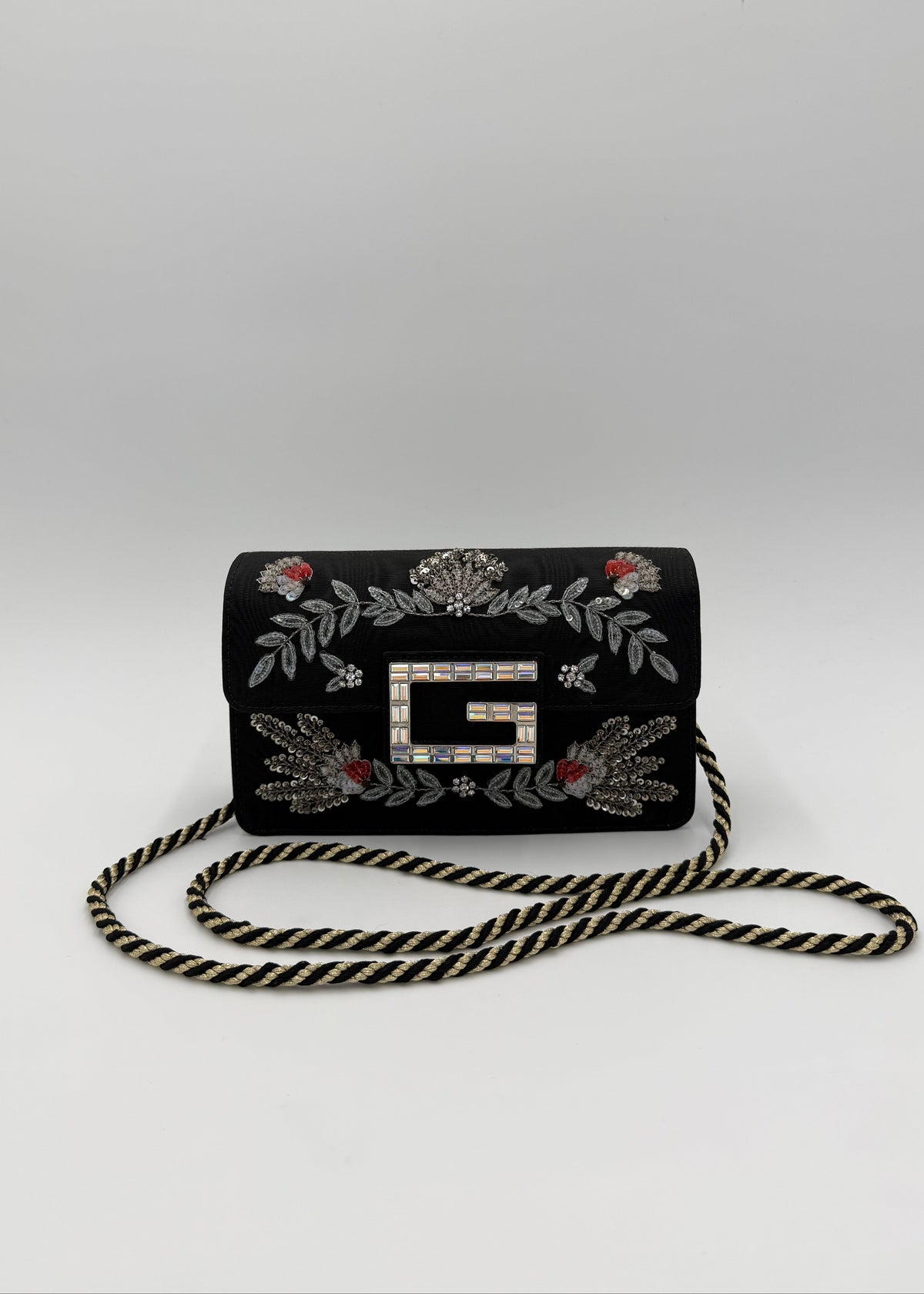 Gucci Borsa a Tracolla Broadway Crystal 'G' in Gros-Grain Ricamato Nero