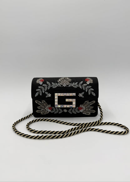 Gucci Borsa a Tracolla Broadway Crystal 'G' in Gros-Grain Ricamato Nero