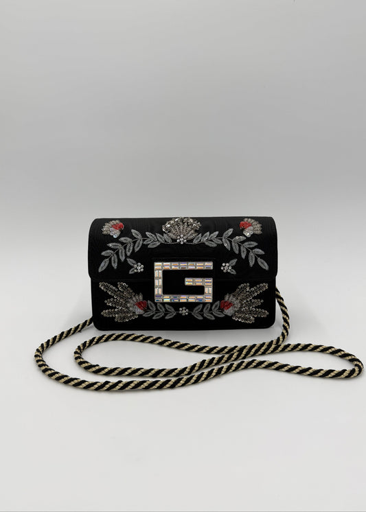 Gucci Borsa a Tracolla Broadway Crystal 'G' in Gros-Grain Ricamato Nero