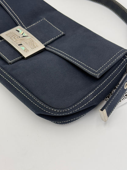 Fendi Vintage Navy Blue Denim Baguette Bag with Contrast Stitching