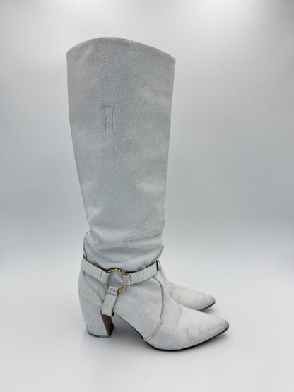 Miu Miu White Crackled Leather Knee-High Boots