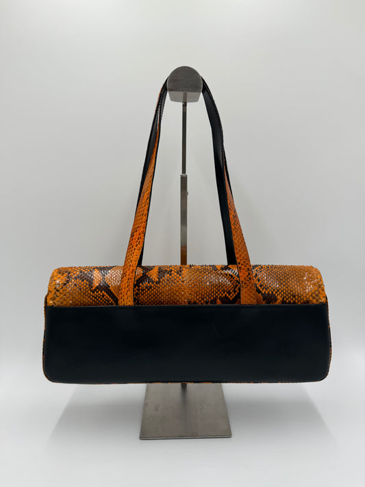 Bulgari Borsa Vintage in Pelle di Serpente Arancione e Pelle Nera