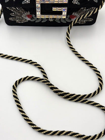 Gucci Borsa a Tracolla Broadway Crystal 'G' in Gros-Grain Ricamato Nero