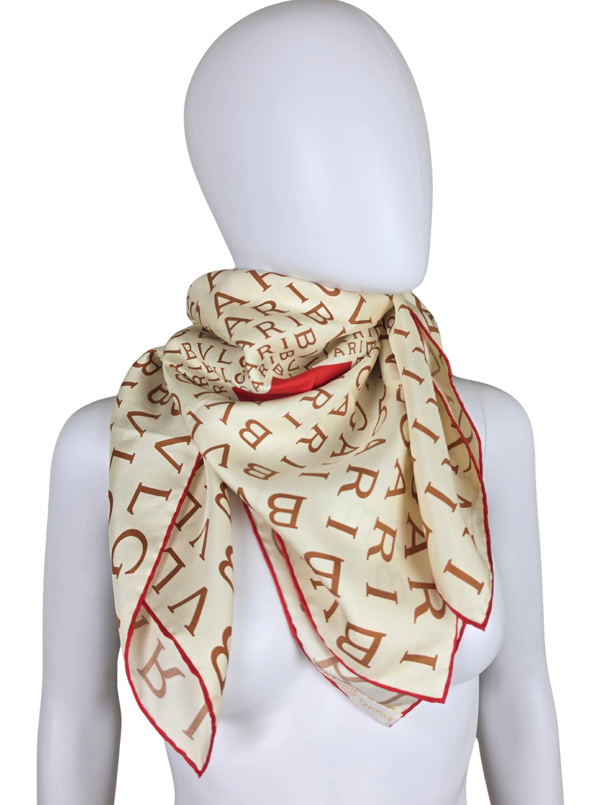 Vintage Bulgari Scarf with Lettering Print and Red-Ivory Details