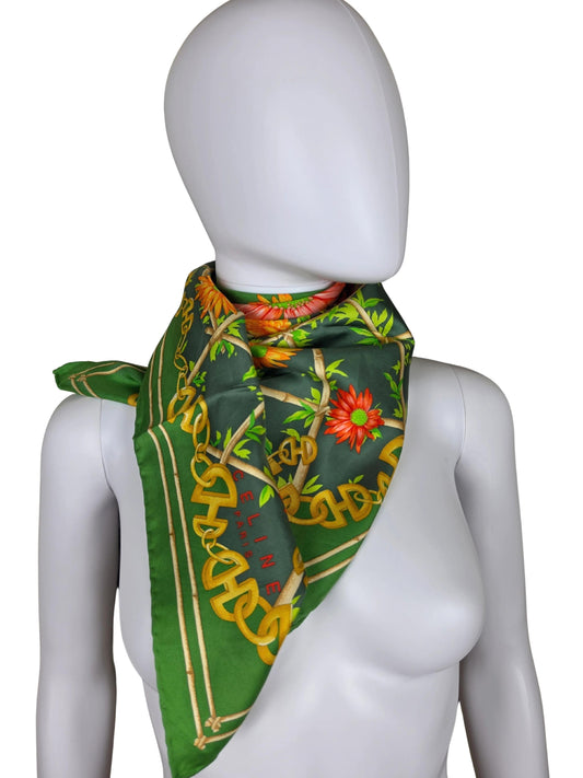 Vintage Céline Scarf with Floral and Chain Print in Green