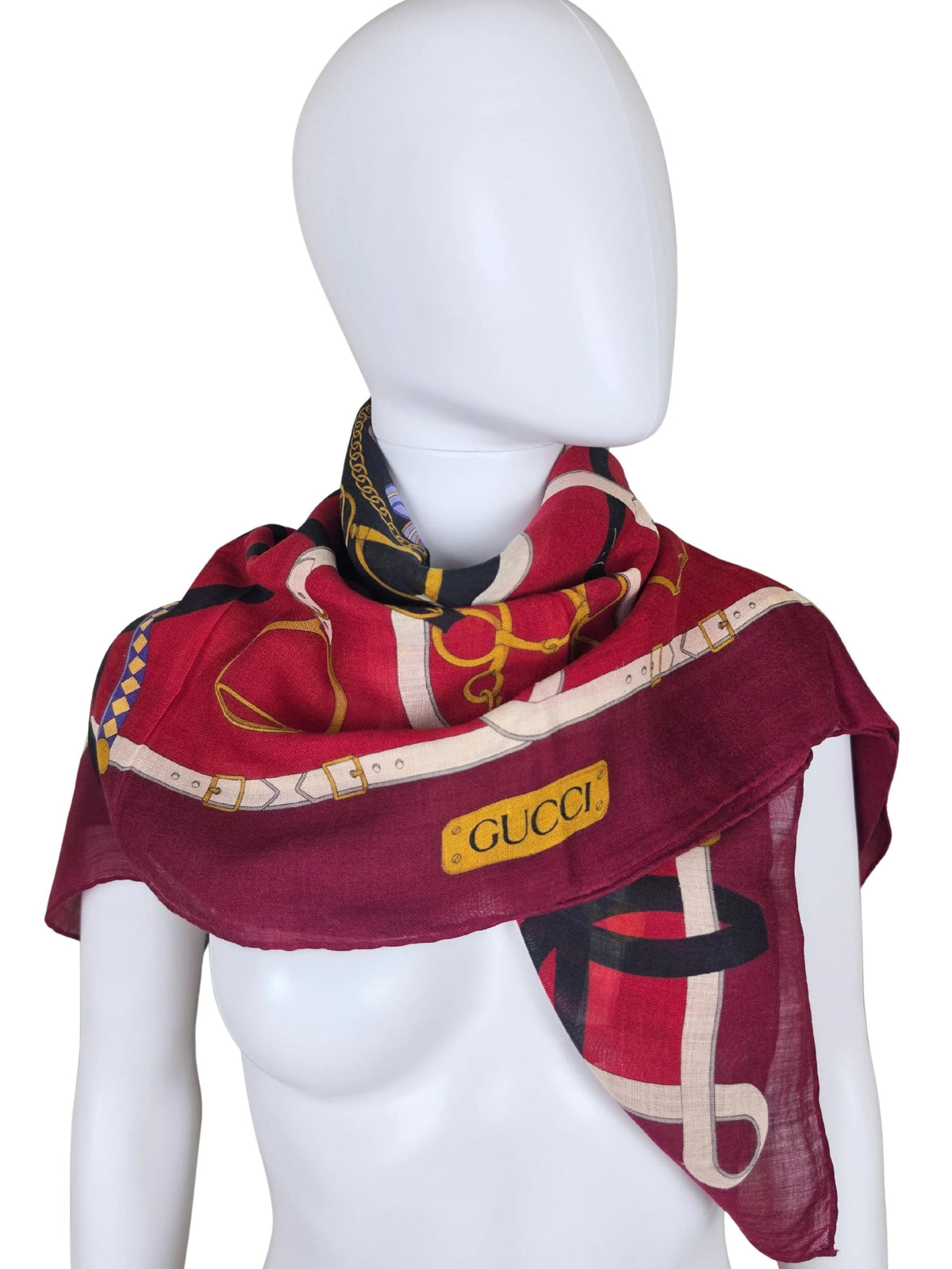 Vintage Gucci Scarf with Bordeaux Equestrian Patterns
