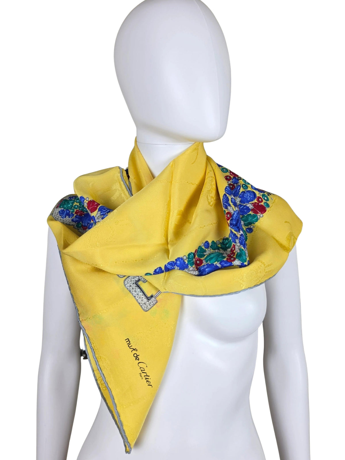 Vintage Cartier Must de Cartier Silk Scarf with Yellow Jewelry Motif