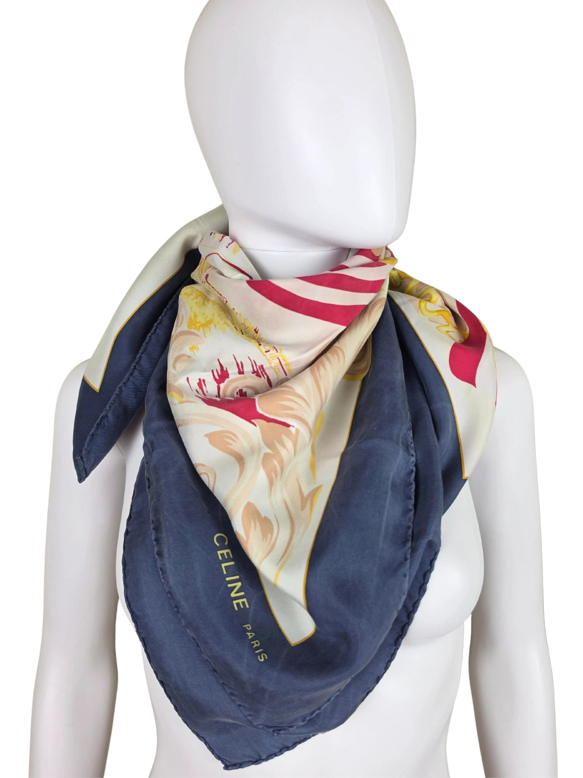 Celine Foulard Vintage con Catene Dorate e Bordo Blu