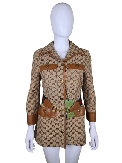 Gucci Blazer Safari in Tela GG Canvas con Dettagli in Pelle e Cintura Web Marrone